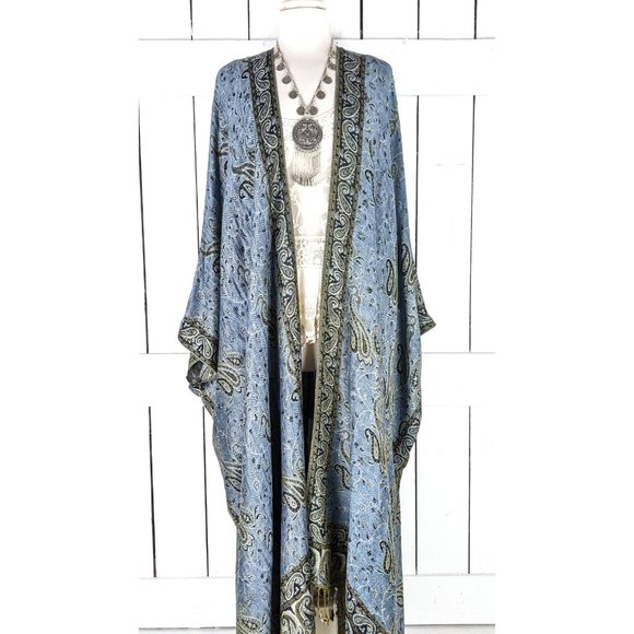MAXI Grey blue paisley pashmina kimono cover up cardigan jacket - Picture 6 of 7